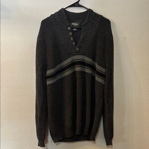 Eddie Bauer Gray V-Neck Sweater with Stripes